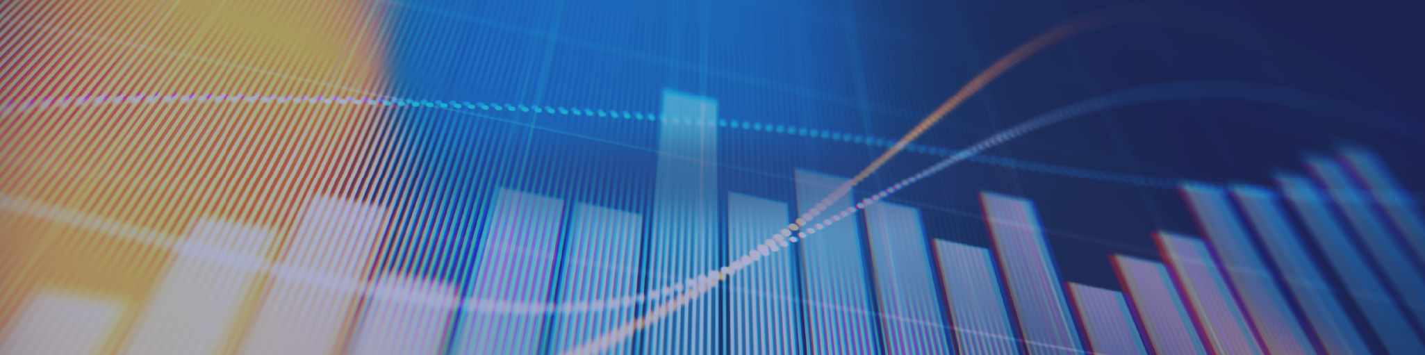 Abstract background with blurry office elements, overlaid by a transparent bar graph and a glowing green line chart indicating financial or business growth trends